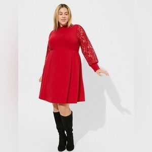 Torrid At The Knee Jersey Lace Sleeve Mock Neck Skater Dress